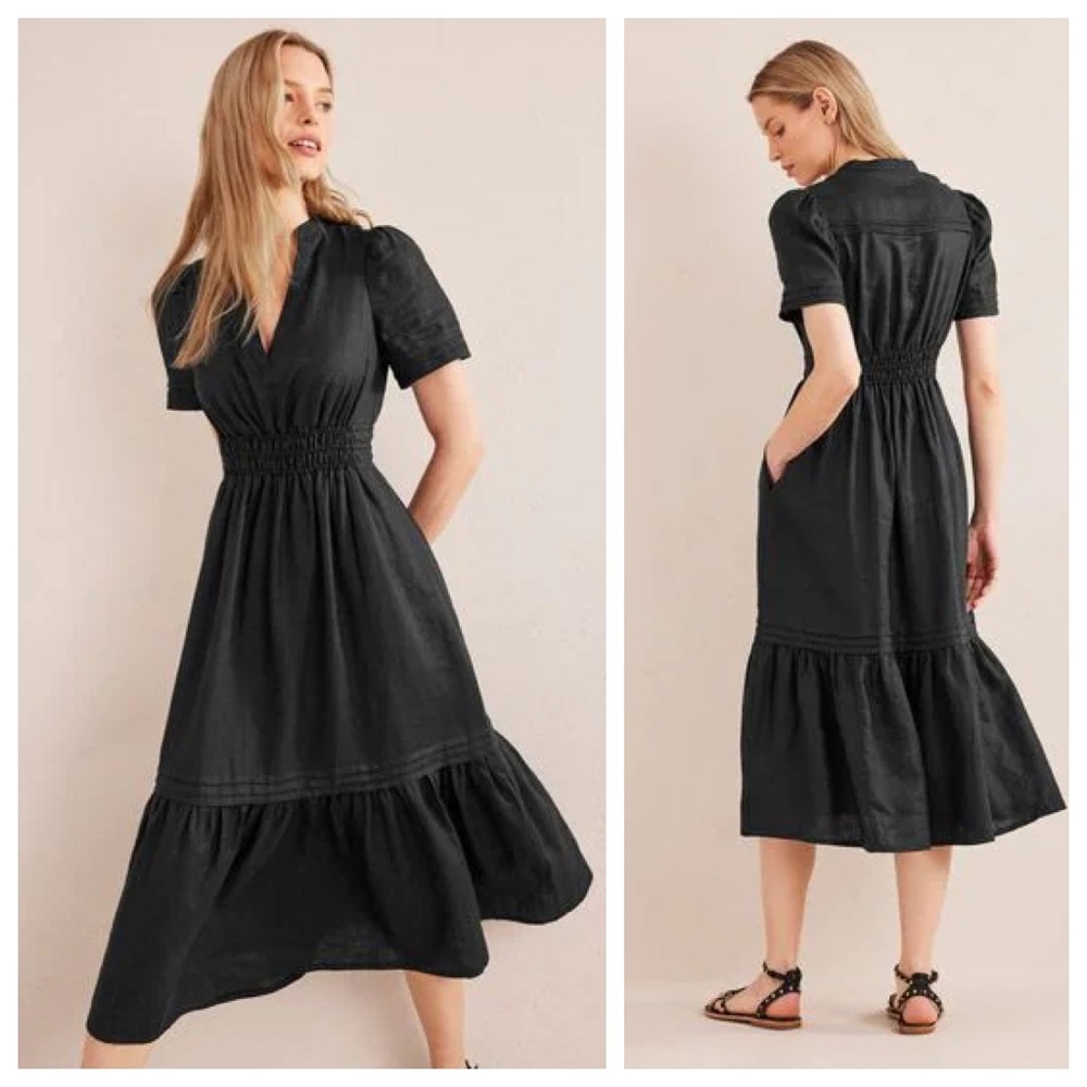 Boden Black Smocked Waist Midi Dress